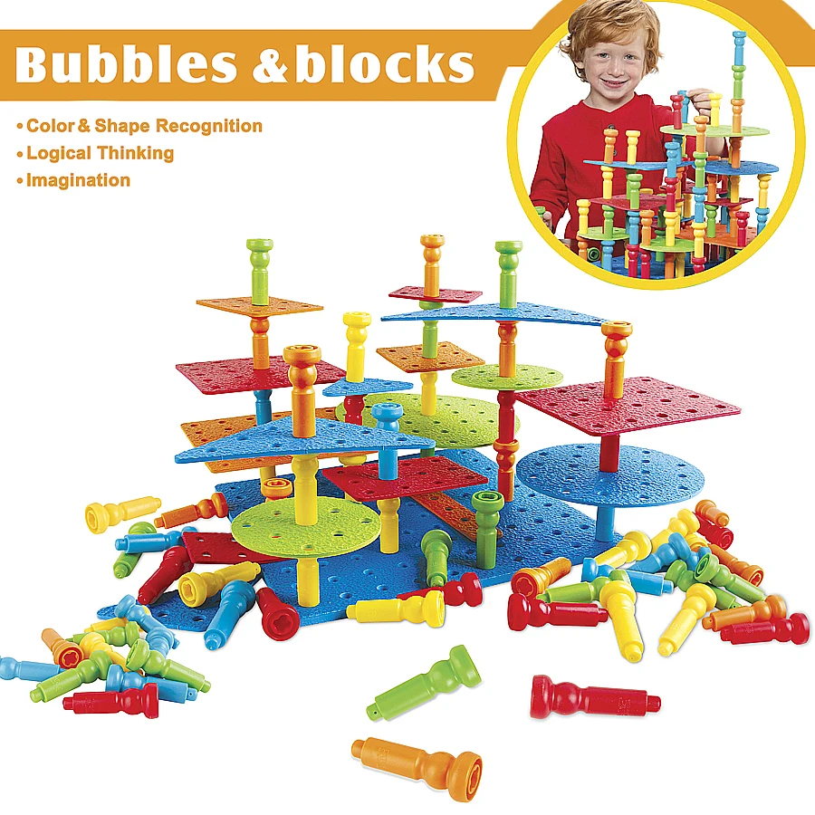 

Bubbles & blocks Peg Board Montessori Toys Set with crepe rubber pegboard,50 Stackers Pegs Educational Toddler Learning Toys