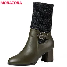 MORAZORA/Новинка года; стильные ботильоны; простые женские ботинки из натуральной кожи на молнии с пряжкой; женские модельные туфли на высоком каблуке с круглым носком