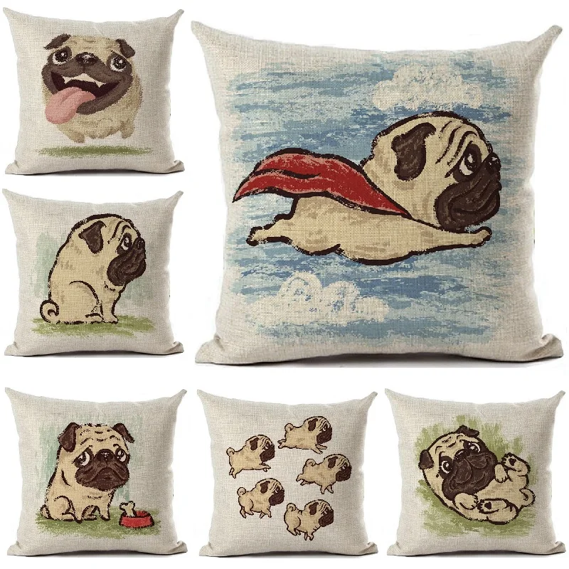 

Cushion Cover Pugs Dog Printed Linen Throw Pillow Case Cartoon Illustration Pillows Cover Car Sofa Home Decorative Pillowcase