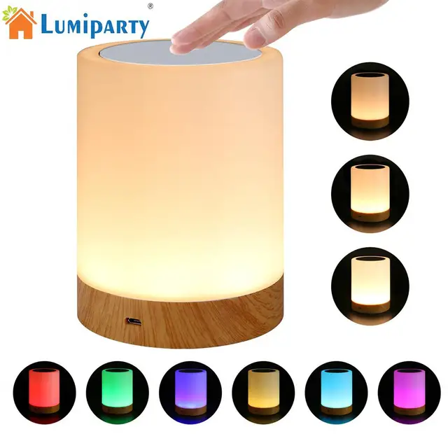 LumiParty USB Charging LED Dimmable Colorful Night Light Lamp Wood Grain Bed Light Home Office Decoration Gift