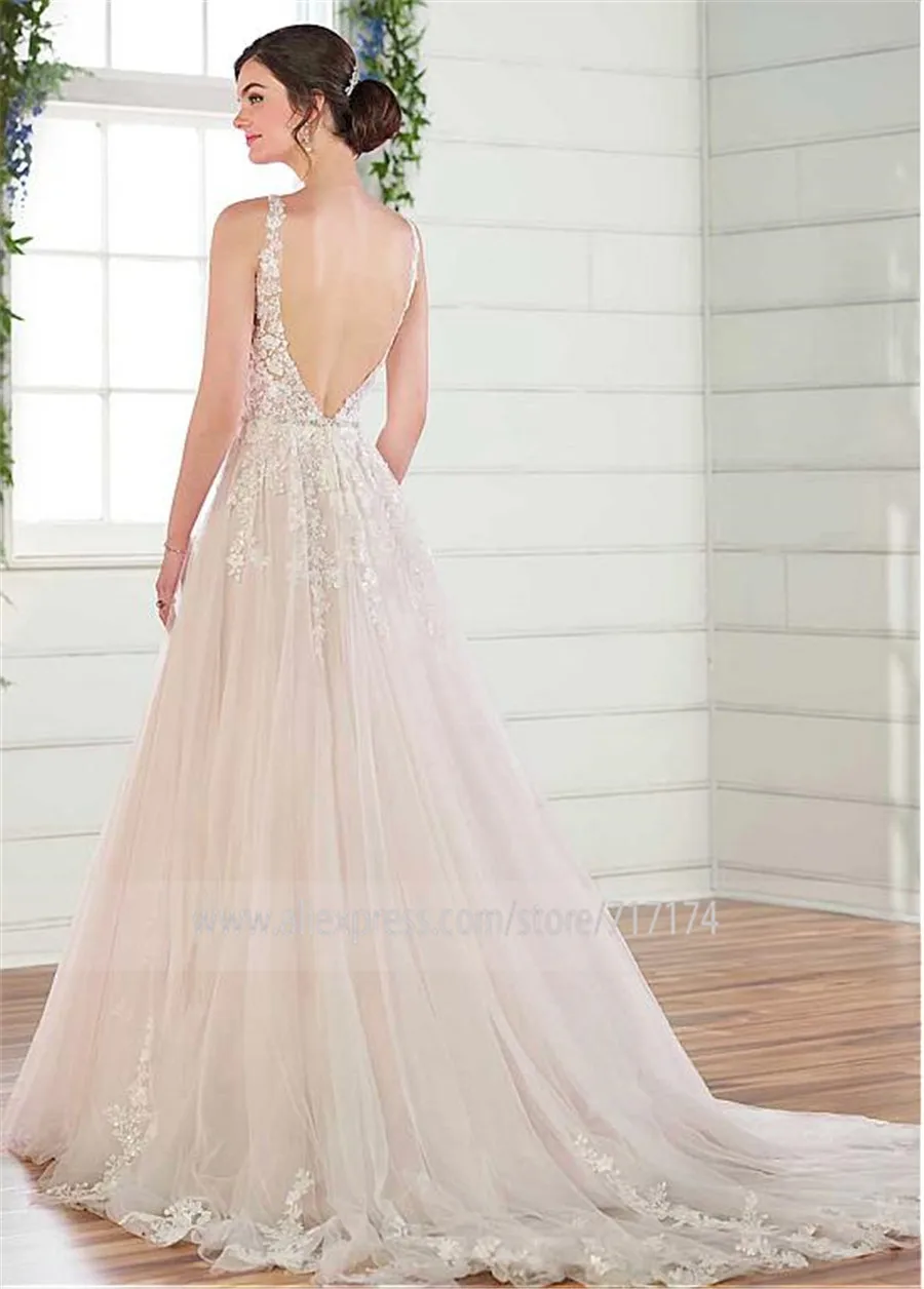 Murah Yang Tulle Leher Sendok A line Pernikahan Gaun dengan Renda Appliques Tujuan Manik manik Sabuk Bridal Gaun Vestidos De Noiva