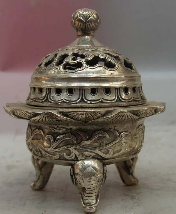 

Collectible bronze lion statue S0935 Chinese Buddhism Temple White Copper Silver Lotus Elephant Incense Burner Censer (B0413)