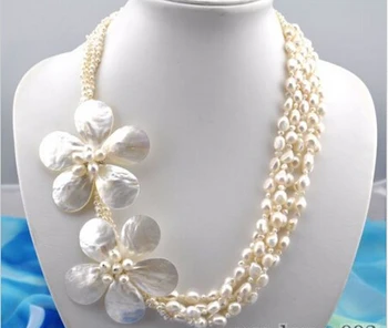 

FREE shipping>>>>5strands 24" baroque white pearl shell flower necklace 6.07