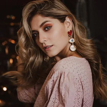 

AENSOA 2019 New Fashion Red Heart Evil Eye Coin Drop Earrings For Women Vintage Exaggerate Long Statement Earring Gold Earring