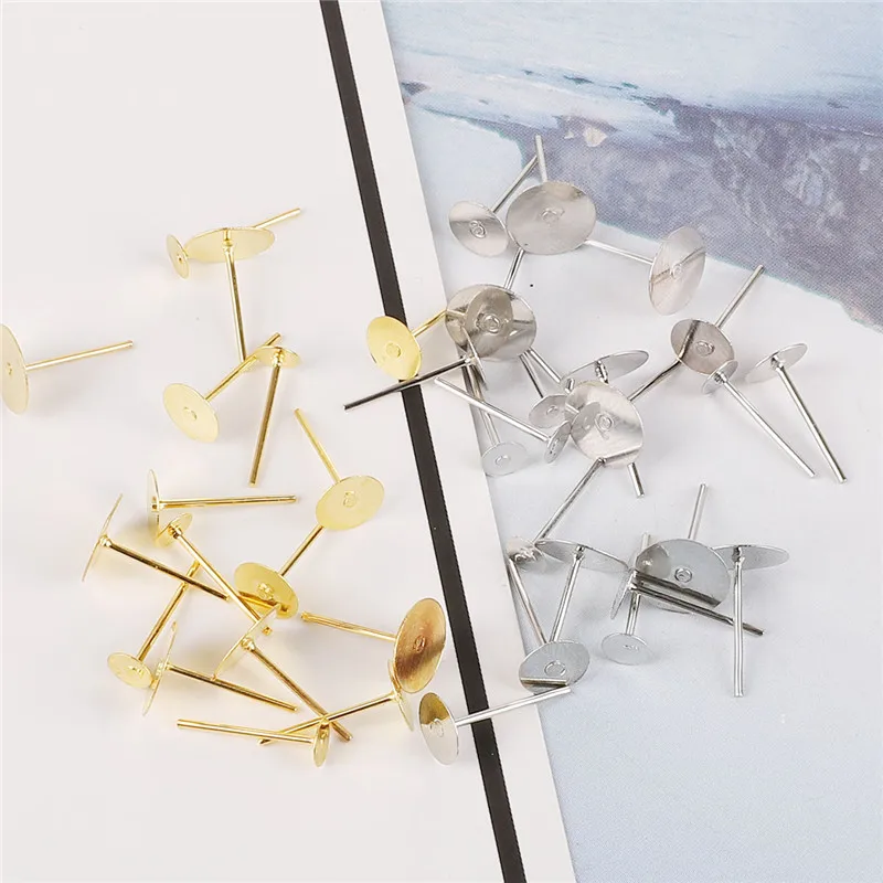 

100pcs 4/6/8mm Gold/Rhodium Color Iron Round Flat Pad Studs Earrings Flat Base Pins Settings DIY Earing Jewelry Findings Making