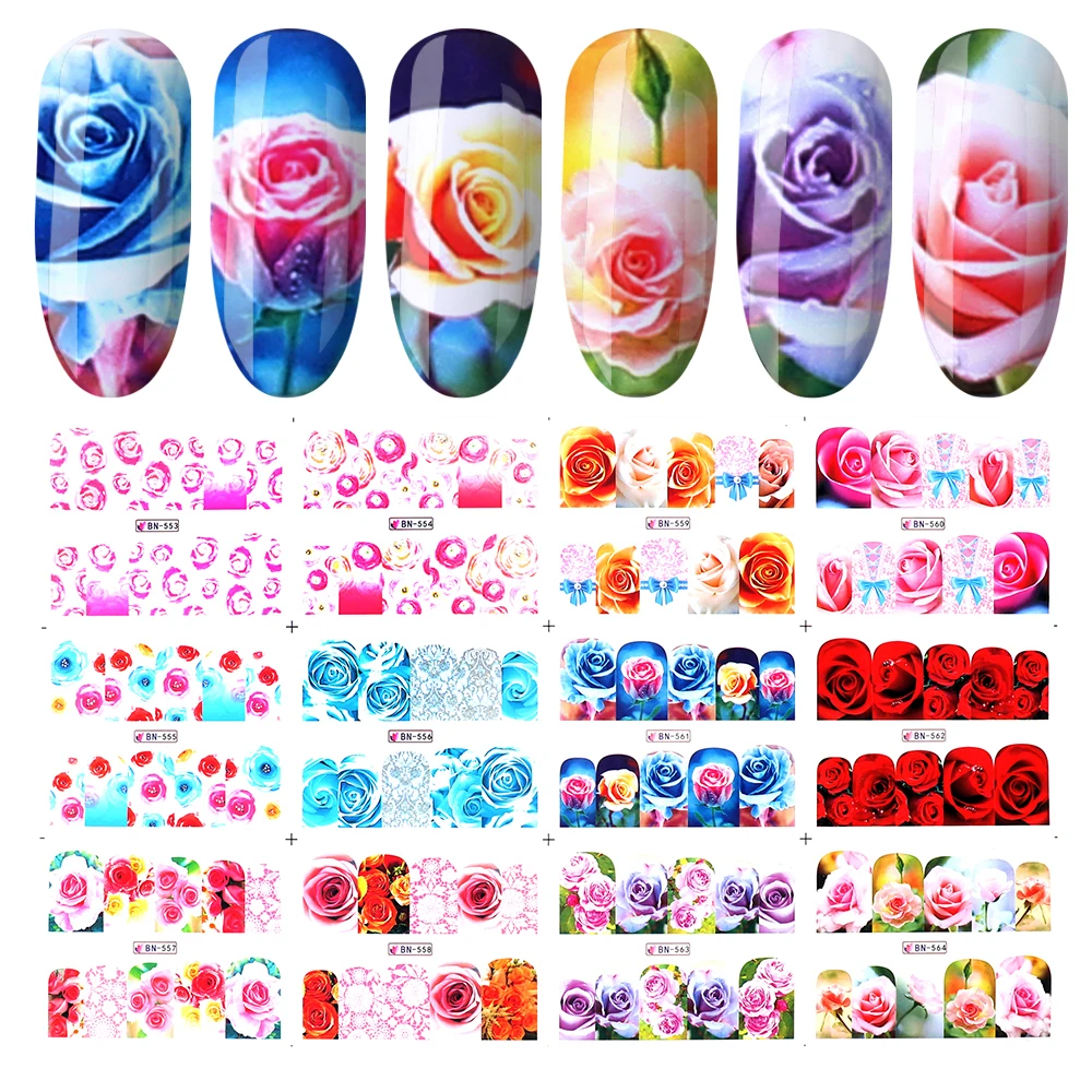 

12 Design Valentine's Floral Water Transfer Nail Stickers Foil Flower Nail Wrap Decal Full Cover Decoration Manicure Accessories