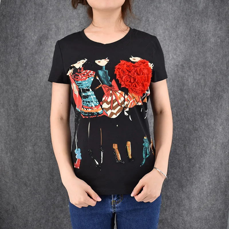 Топ продаж, женские футболки с коротким рукавом, пять мультяшных принтов, сорочка с цветочной аппликацией, модная футболка, женская футболка