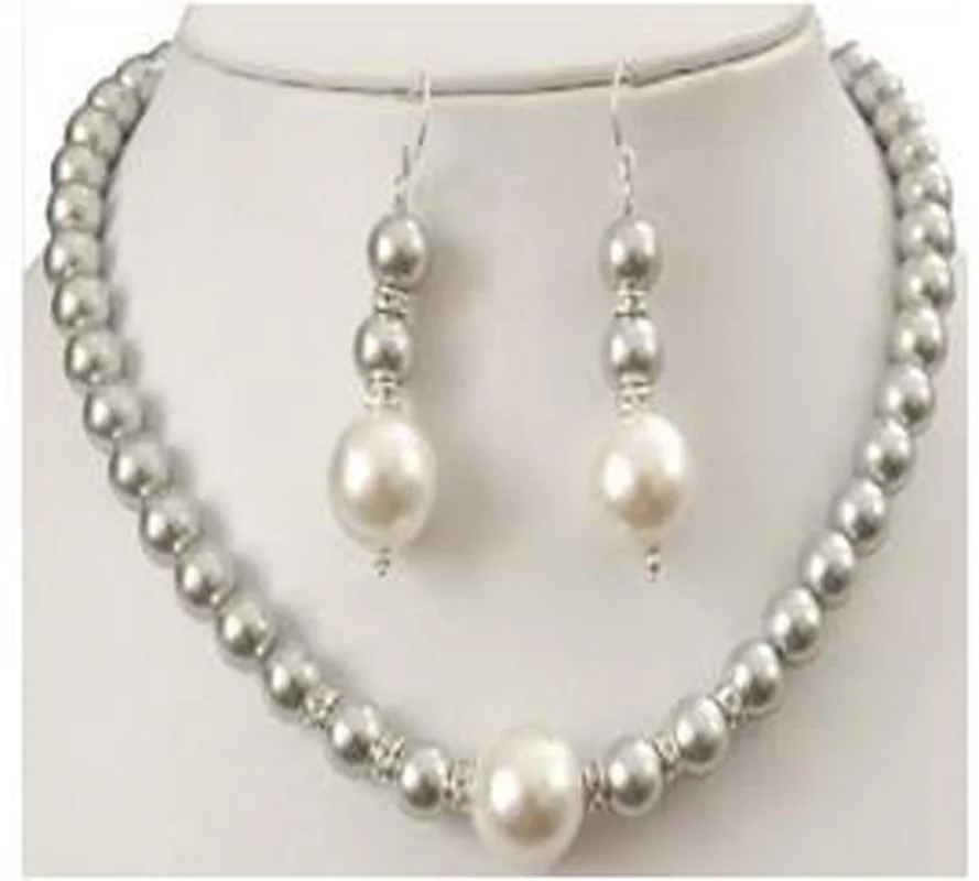 

High-quality grace excellent 2018New Prety 8-12MM Grey Sea Shell Pearl Necklace +Earring AAAHigh-quality grace marry