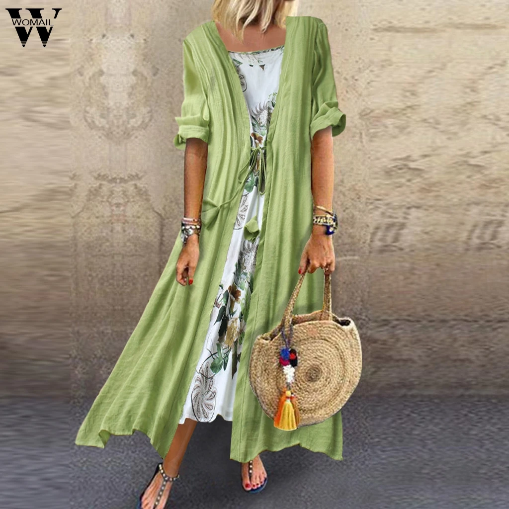 Женские летние платья, женское винтажное богемное кружевное платье с круглым вырезом и цветочным принтом из двух частей с рукавом 3/4, свободное платье Ju8
