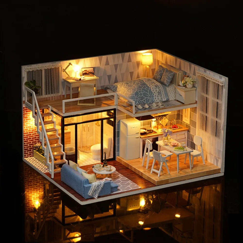 DIY Dollhouse Accessories Toy Creative Gift Smart Dolls House light blue time Birthday House Model Toys for children