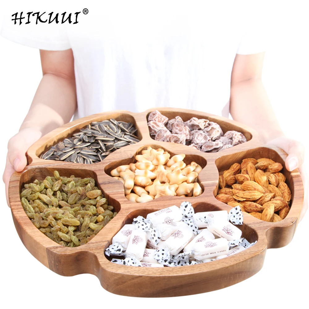 

New Solid Natural Wooden Food Storage Tray Acacia Texture Kitchen Parlor Nut Snack Candy Organized Storage Tray 33 cm / 6 Grid