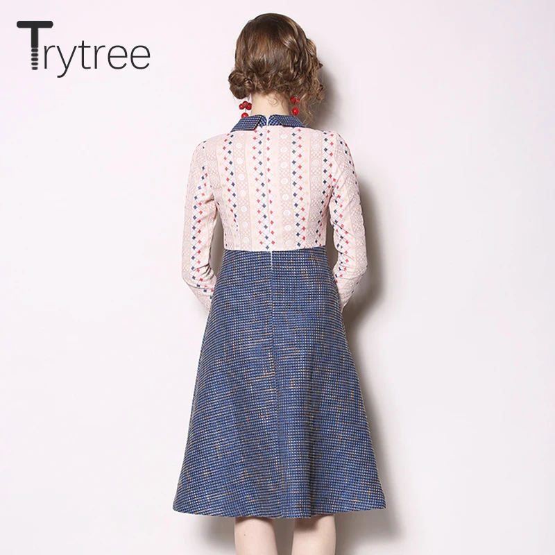 Trytree осеннее платье повседневное ТРАПЕЦИЕВИДНОЕ женское воротник Питер Пэн