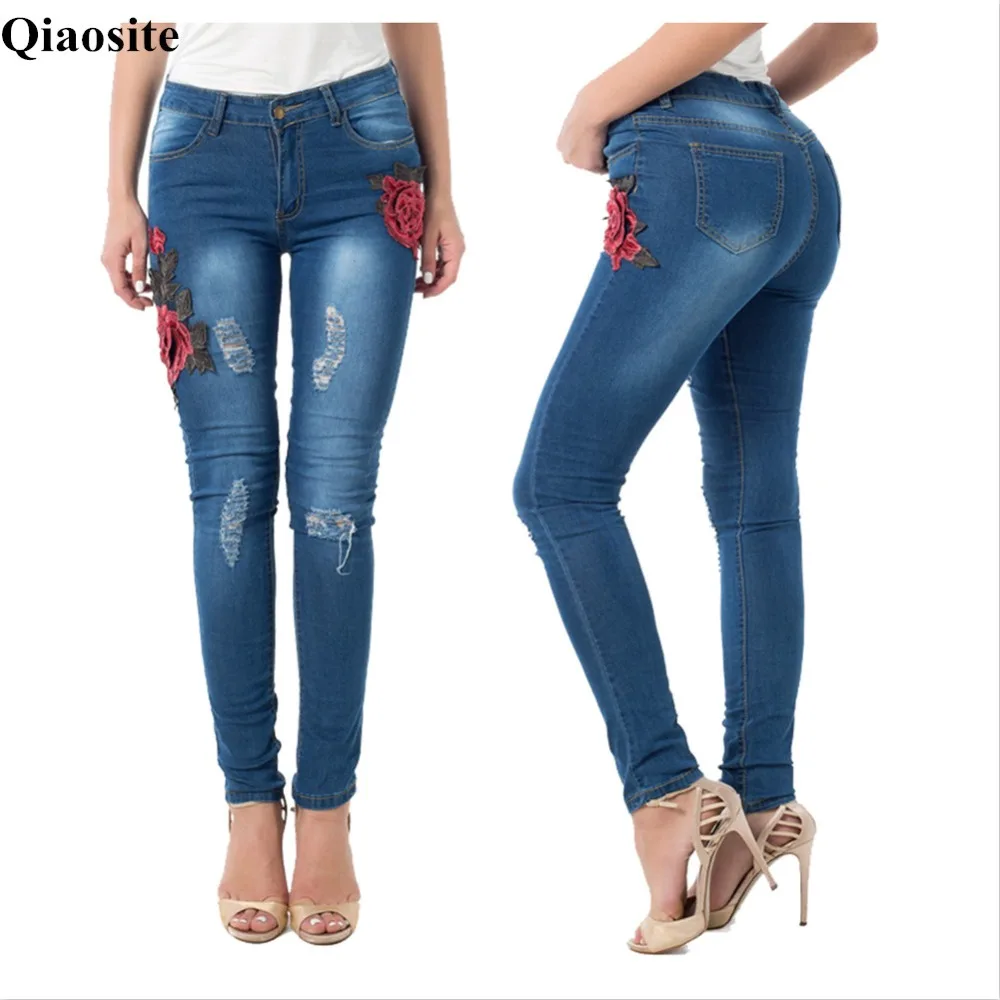 2017 Fashion Chinese style embroidery rose flowers female pencil jeans slim package hip elastic