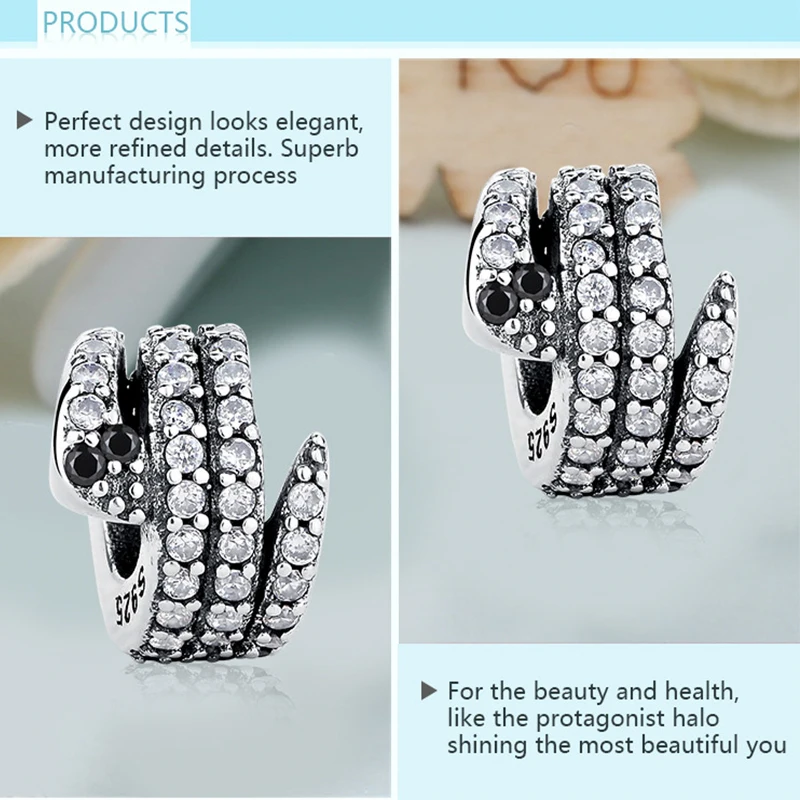 ELESHE Christmas Gift 925 Sterling Silver Snake Beads Clear CZ & Crystal Charms Fit Original Bracelet Necklace DIY Jewelry