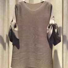 MIYAKE морщин труба рукав одна пуговица чистый цвет Футболка Большой Размер Женская одежда