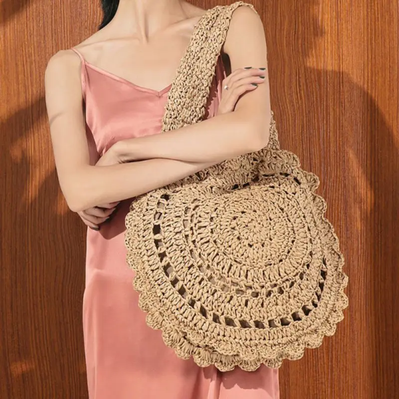 

Bohemian Straw Bags for Women Circle Beach Handbags Summer Shoulder Bags Handmade Knitted Travel Totes Storage Bag