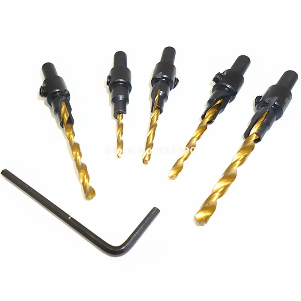 5pc Woodworking Countersink Drill Bit Hss Counter Bore Titanium Coated