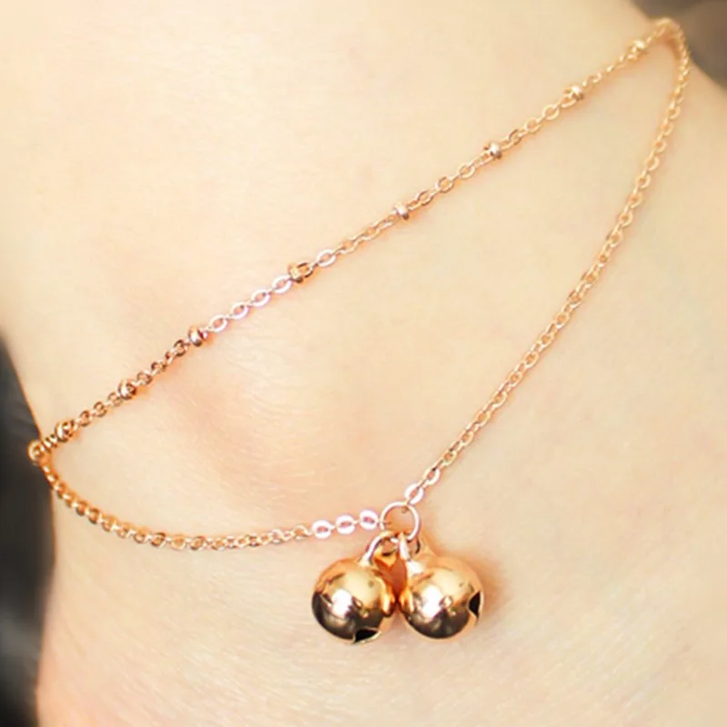 

Fashion Stainless Steel Double-deck Ankle Bracelet Rose Gold Color Love Small Bell Charm Foot Chain Anklets Woman Gift