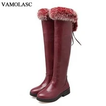 VAMOLASC New Fashion Women Autumn Winter Leather Over the Knee Boots Warm Rabbit Fur Zipper Flat Snow Boots Platform Women Shoes