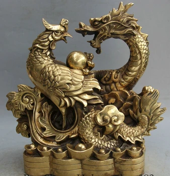 

zhaorui488406++11" Chinese Folk Fengshui Brass Wealth Dragon Phoenix Play Bead Statue Sculpture
