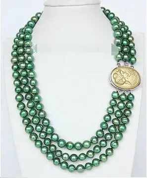 

Free Shipping>> new hot 16" 3 Strand 9mm green FW pearls necklace cameo seashell clasp