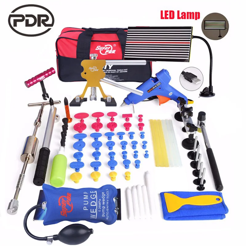 Comprar PDR car dent reparación herramientas kit Paintless Dent Removal tool set martillo deslizante dent lifter lámpara LED Reflector Junta DIY herramientas de mano