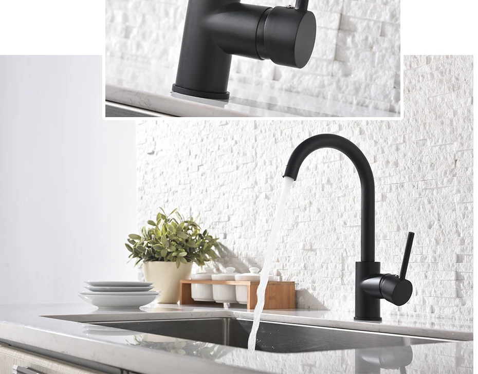 Fapully черный полированный латунный кухонный кран 360 Вращающийся с одной ручкой горячей и холодной кухонной раковины смеситель для раковины