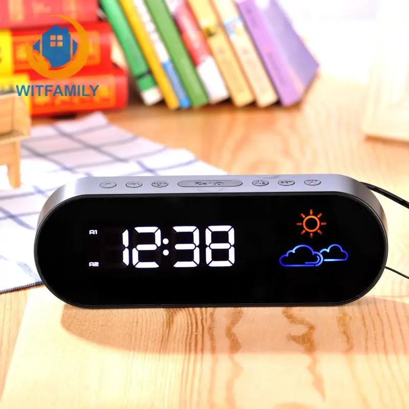 

Weather Forecast Snooze Function Electronic Table Watch Clock FM Radio LED Alarm Clock LCD Digital Display With Backlight Color