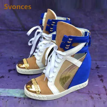 

New Casual Woman Boots Height Increasing Zipper Lace-Up Leather Shoes Women Fashion Blue Hollow Platform Women's Wedge Botas