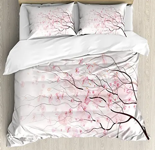 

Light Pink Duvet Cover Set Artistic Sakura Branch with Cherry Flowers Tender Japanese Spring 3pcs Bedding Set