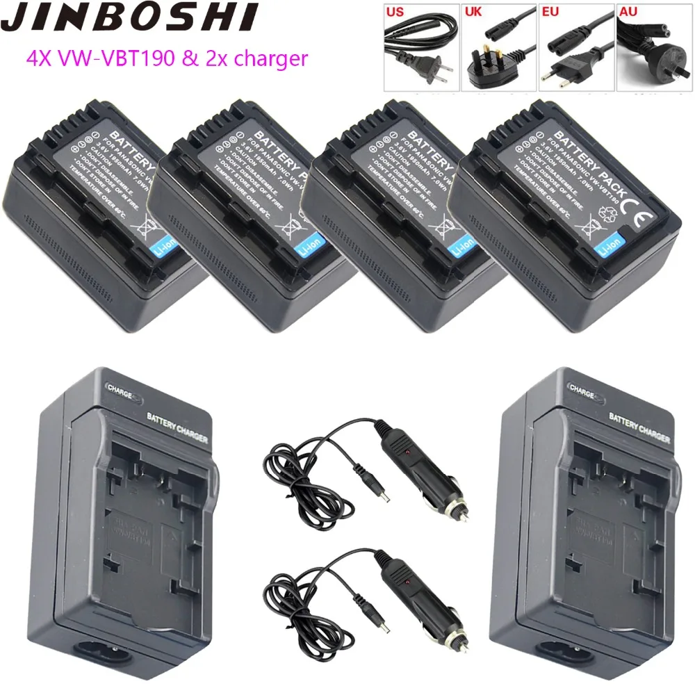 

Hot sale 4PCS VW-VBT190 VBT190 Battery+2X LED Charger+Car Plug for Panasonic HC-V110 HC-V130 HC-V160 HC-V180 HC-V201 HC-V210