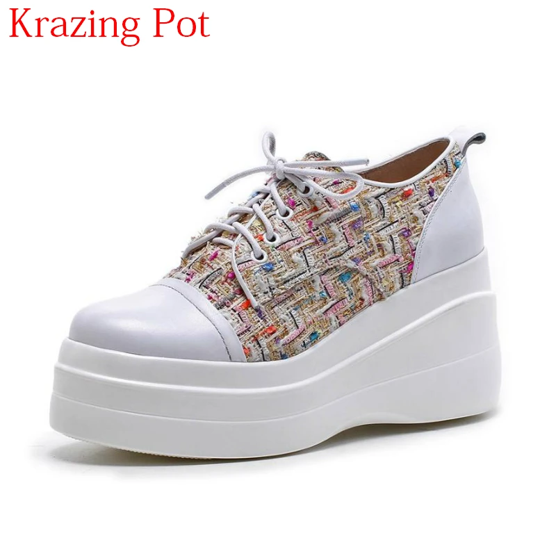 

Fashion Genuine Leather Round Toe Runway High Heels Thick Bottom Elegant Causal Shoes Mixed Colors Wedges Platform Shoes L1f2
