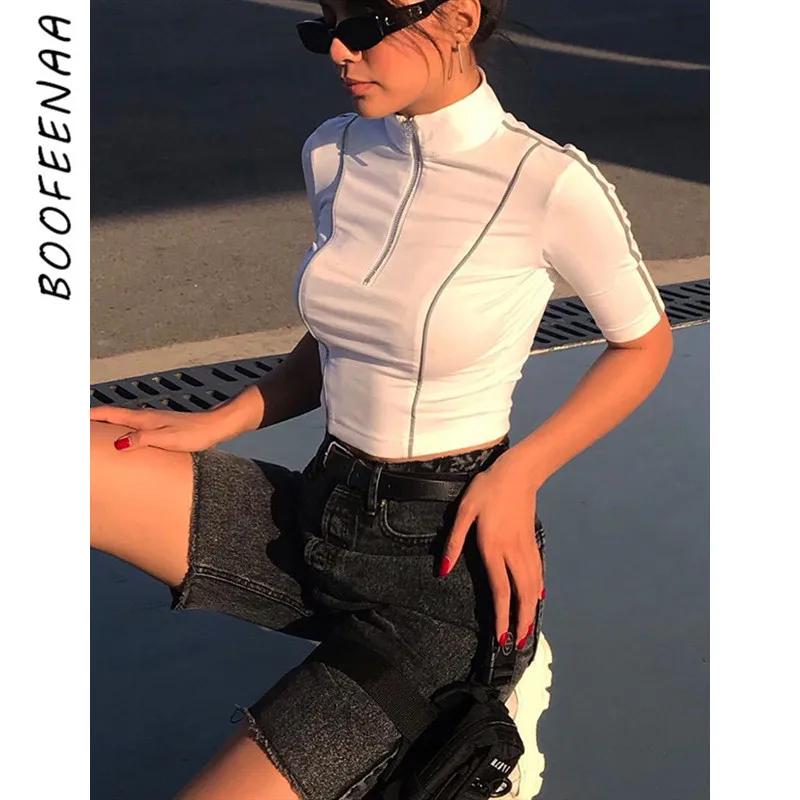 

BOOFEENAA Fashion Zipper Short Sleeve Reflective T Shirt Women Clothes 2019 Streetwear Rave Black White Crop Tops C67-AZ15