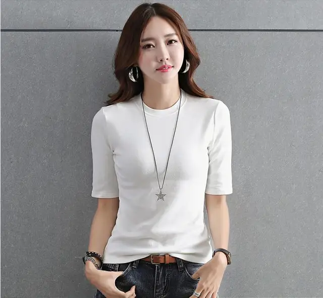 Autumn Cotton White Black T Shirt Women S Tight Half High Collar Five Point Sleeve Short Section T Shirt 18 New T Shirt Women Black T Shirt Womenblack T Shirt Aliexpress