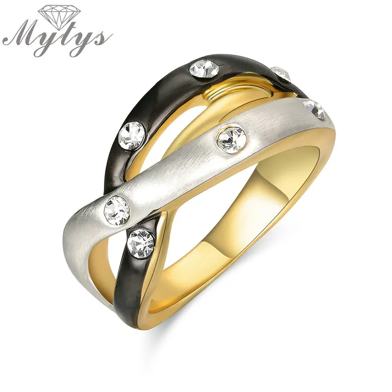 

Mytys Gypsy Setting Crystal 3 Color Ring Black Gold and Silver Irregular 3 Layers Wedding Bridal Party Two Tone Jewelry R1924