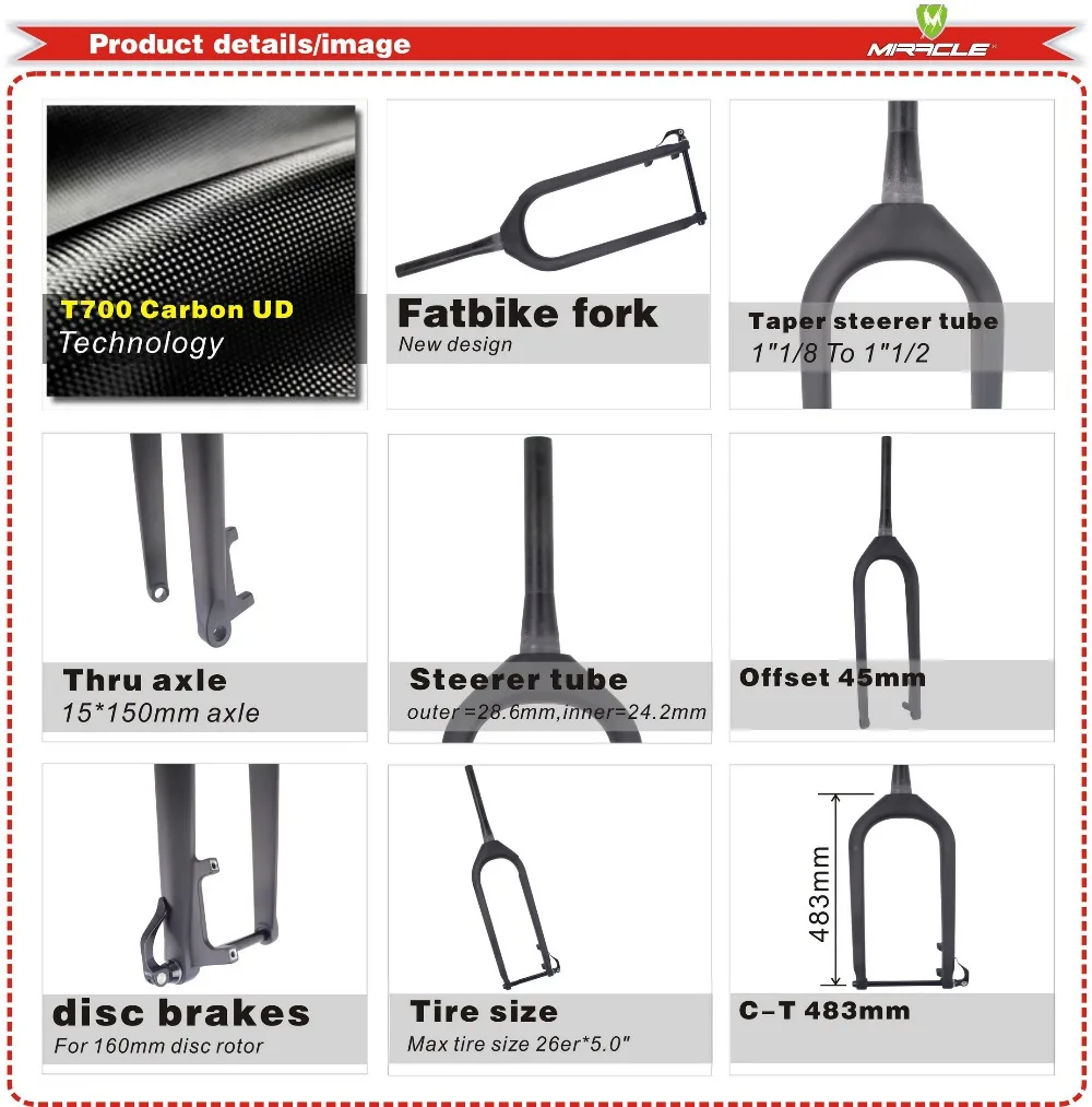 Miracle new design fatbikes carbon fork,15*150mm thru axle fatbike carbon fork,fatbike carbon fork 2016 design