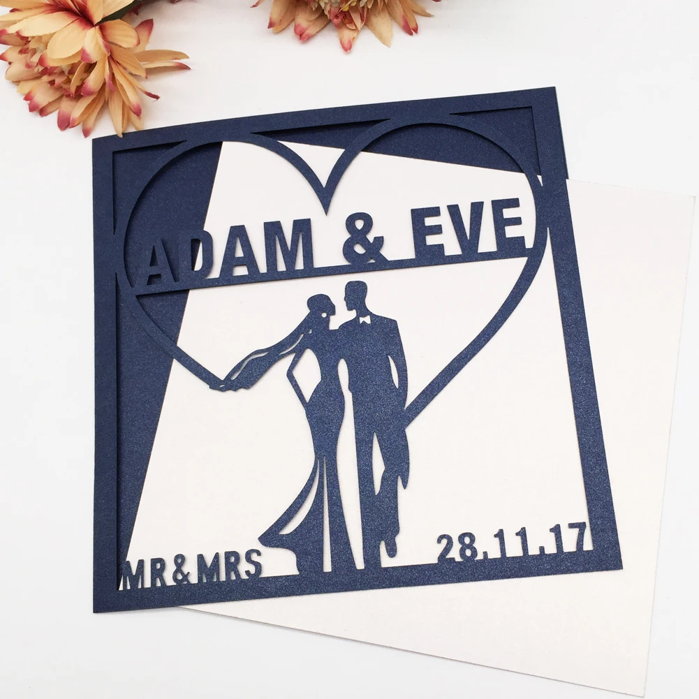 

100pcs/lot custom name Bride and bridegroom Laser Cut happy Wedding Invitation Card marriage annivery dinner Supplies