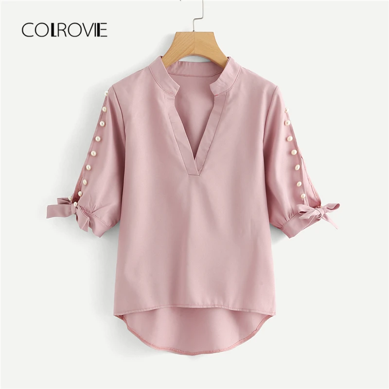 Tanie COLROVIE R oacute;żowy Plus size Odzież Robocza V neck Perły Zroszony Podziel Bluzka Koszula 2018 Nowe Stałe Burgundii Elegancki Kobiety Bluzka I topy
