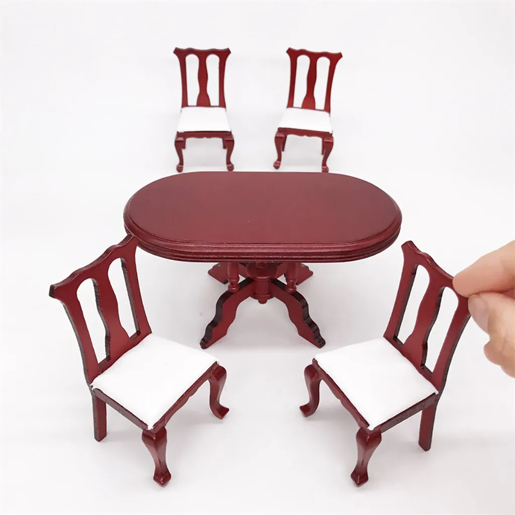 1:12 Кукольный домик миниатюрная мебель красный деревянный цвет обеденный стол стул набор мебель для куклы для кукольного домика аксессуары для дома W506