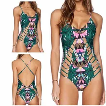 Летний сексуальный женский купальник с пуш-ап, женский купальный костюм с зеленым принтом, цельный бандажный купальник, перекрестный Монокини