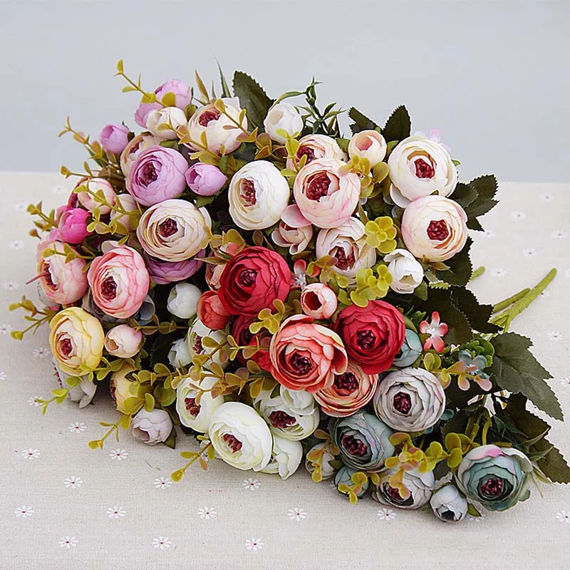 

10heads/1 bundle Silk tea roses Bride bouquet for Christmas home wedding new Year decoration fake plants artificial flowers