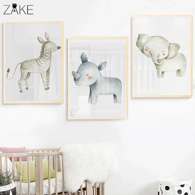 Peinture murale pour chambre à coucher | Aquarelle, impression de toiles  d'animaux de la Jungle Baby, affiches de Rhinoceros, images d'éléphant  zèbre, décor pour chambre de bébé | AliExpress