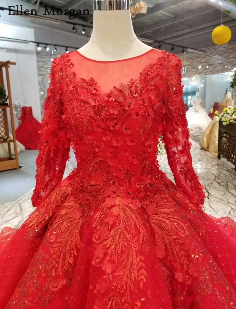 Красный Блеск одежда с длинным рукавом бальные платья свадебные 2019 отделка бисером на заказ настоящая фотография пышные Саудовская Аравия
