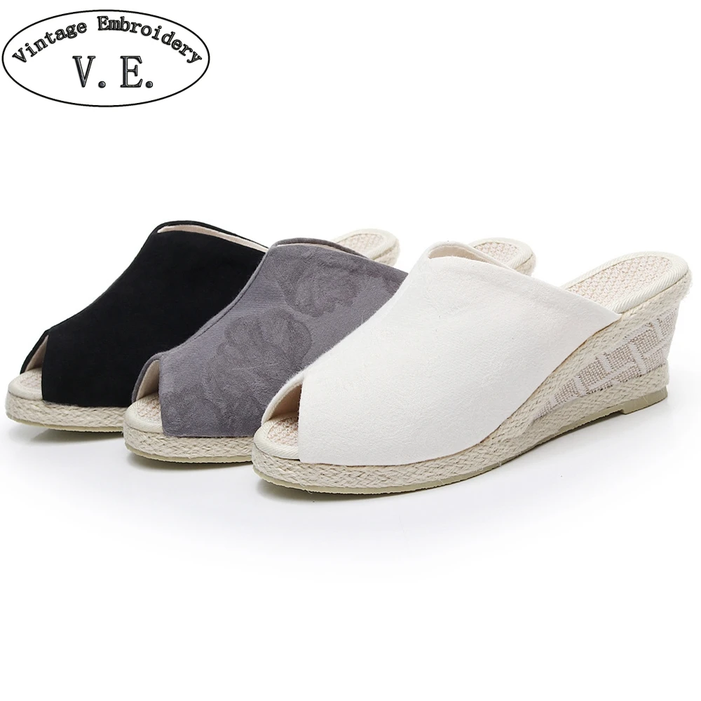 Vintage Embroidery Women Peep Toe Summer Slippers Solid Color Cotton