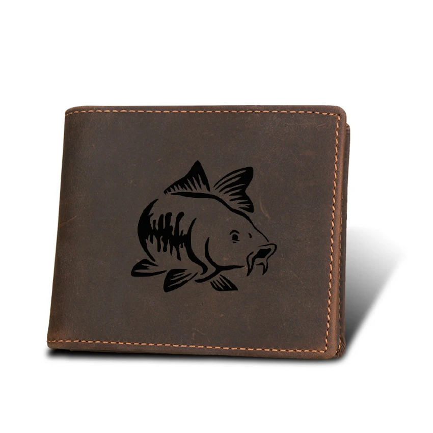 

Go Fishing Men Genuine Leather Wallets Male Multi Card Holders Zip Coin Pocket Purses Vintage Men Engraved Name Short Wallet