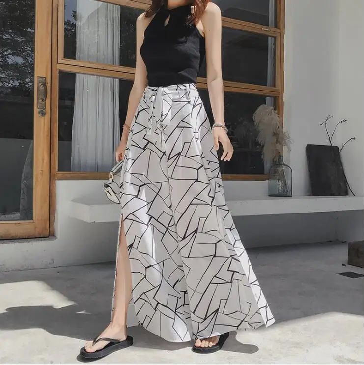 

2019 Wide leg pants Women Geometric pattern chiffon beach wide leg culottes sexy slit wide leg pants