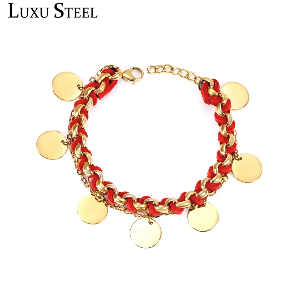 

LUXUSTEEL Handmade Knitting Ethnic Style Bracelets Stainless Steel Gold Color Chain Bracelets With Round Pendants Women/Girl