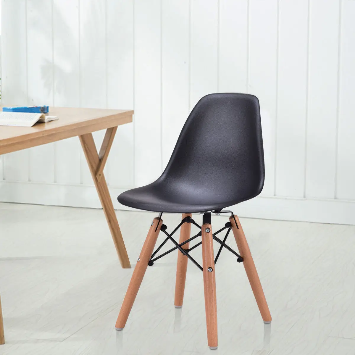 Giantex Modern Kids Dining Chair Children Side Armless Chair Molded Plastic Seat Wood Legs Children Furniture HW56499BK