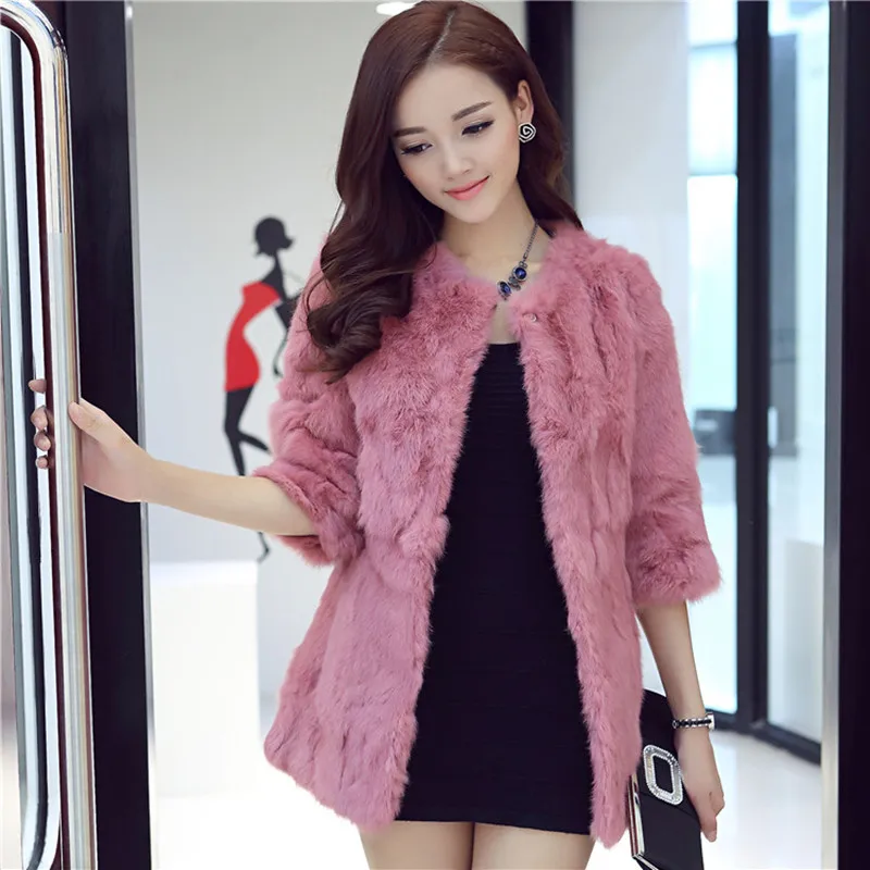 

Guarantee 100% natural rabbit fur coat outerwear women's 2018 autumn and witner O neck slim medium long real rabbit fur jacket