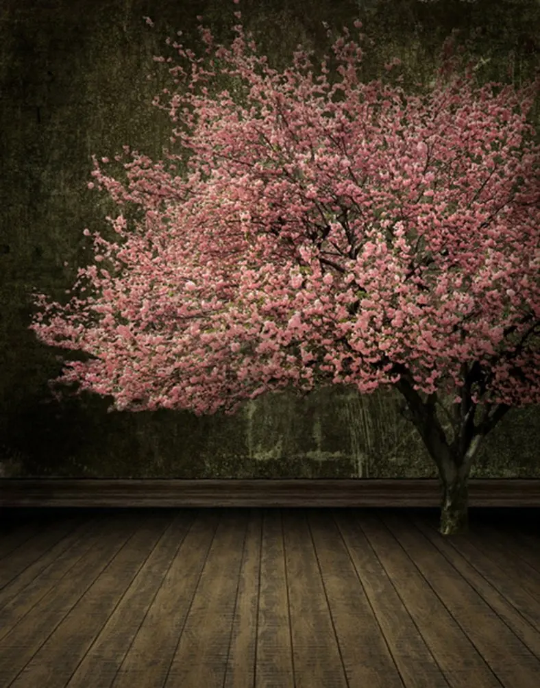 

5x7ft Pink Flowers Tree Wooden Floor Photography Backdrops Photo Props Studio Background